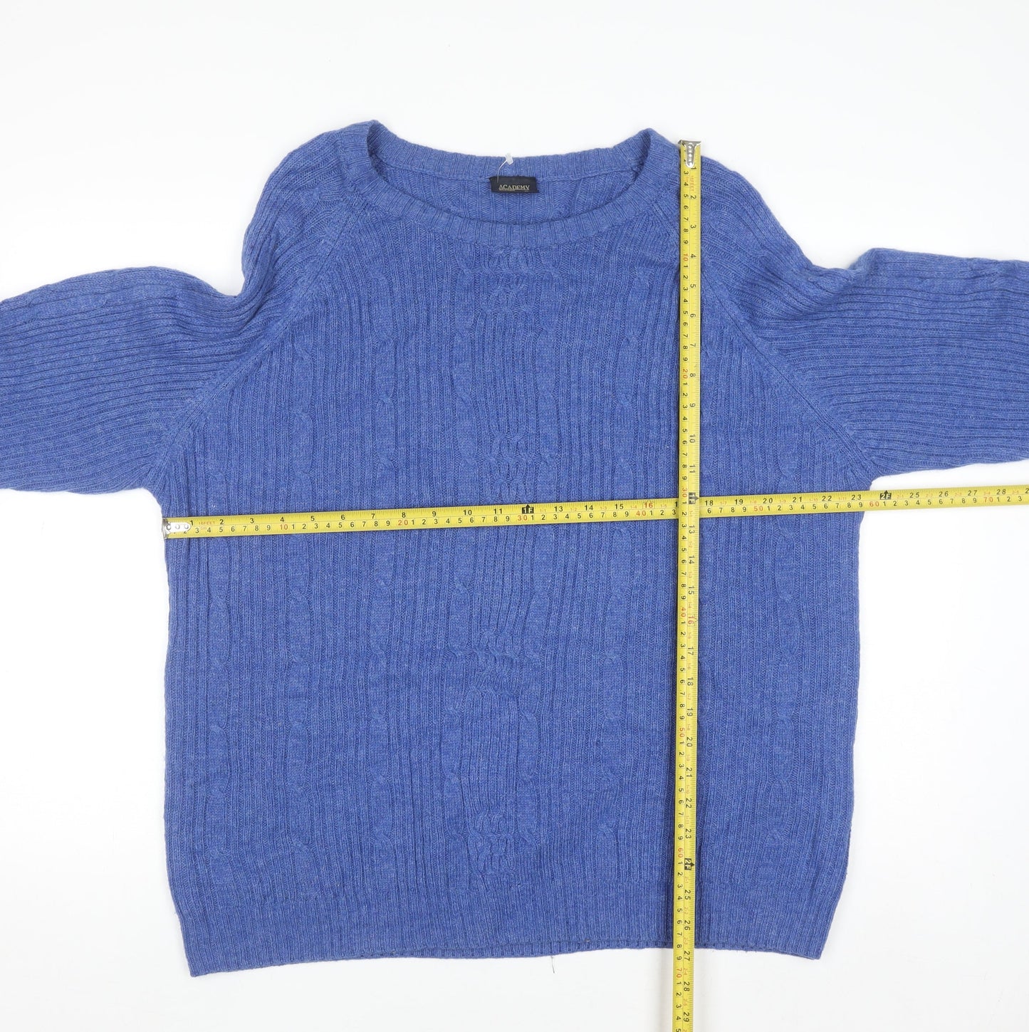 Academy Men's Blue Wool Blend Cable-Knit Crew Neck Jumper L