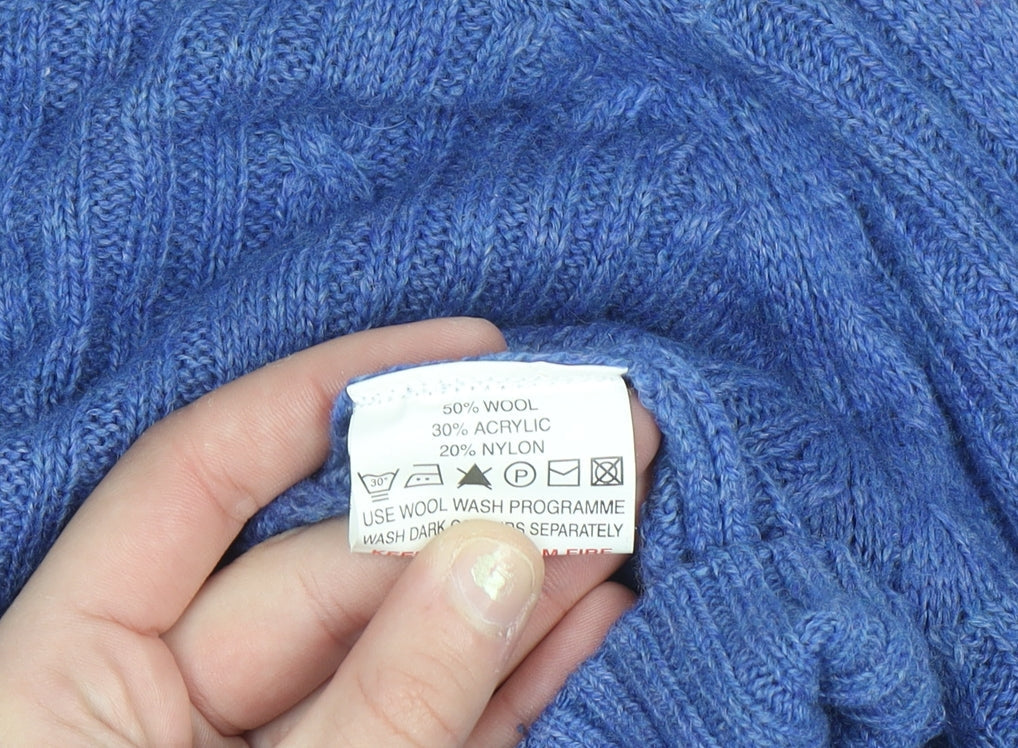 Academy Men's Blue Wool Blend Cable-Knit Crew Neck Jumper L