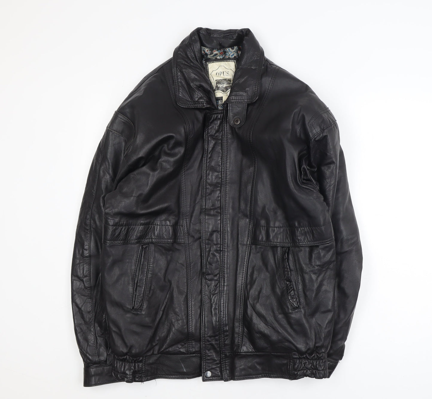 Opus Men's Black Leather Bomber Jacket M Classic Lined