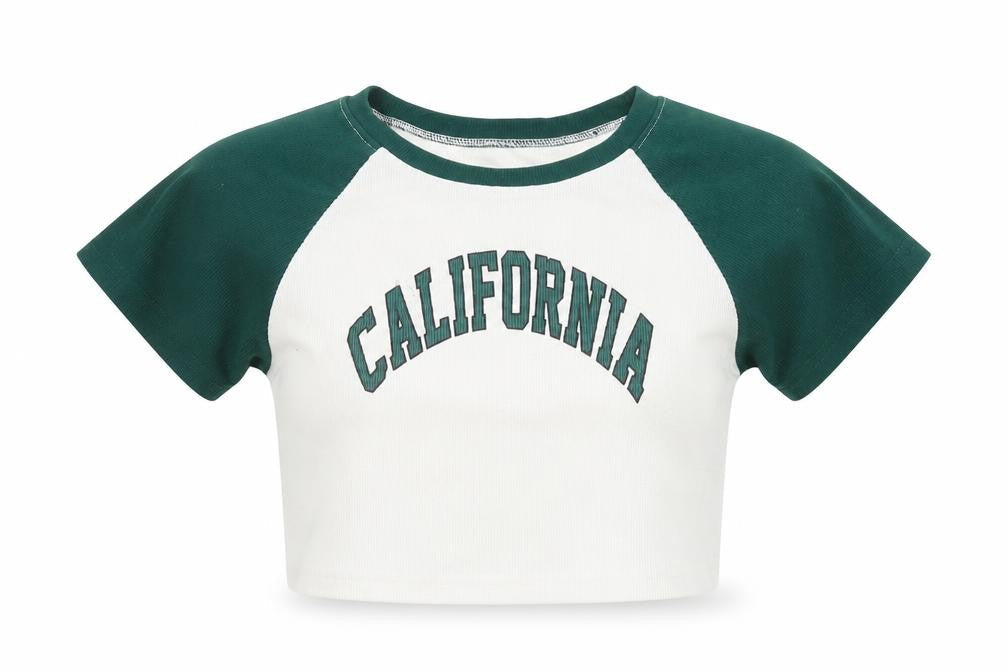 DAZY Women’s White Green Cropped California Raglan T-Shirt Size S