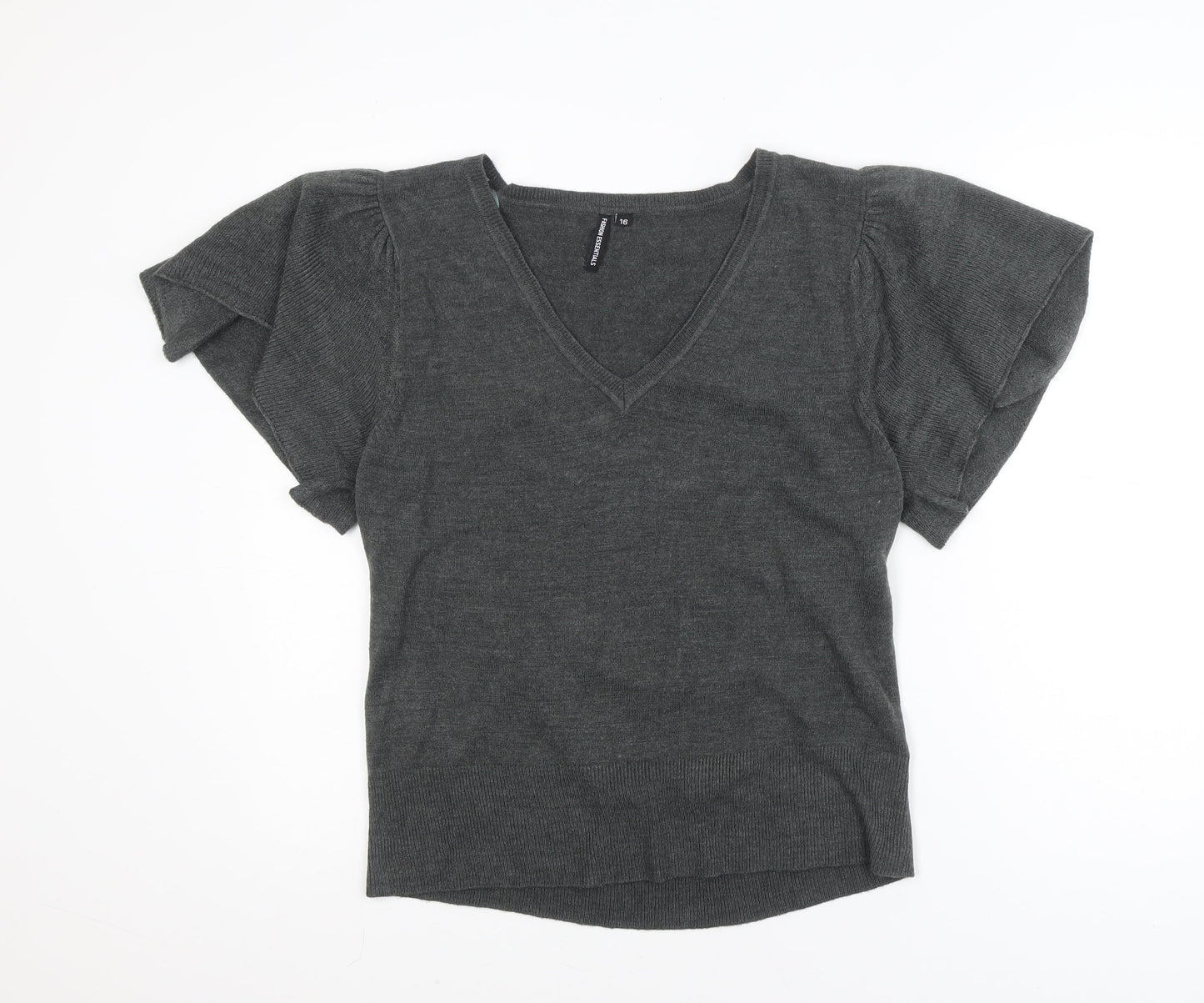 Fashion Essentials Womens Grey Knit V-Neck Short Sleeve Blouse Size 16