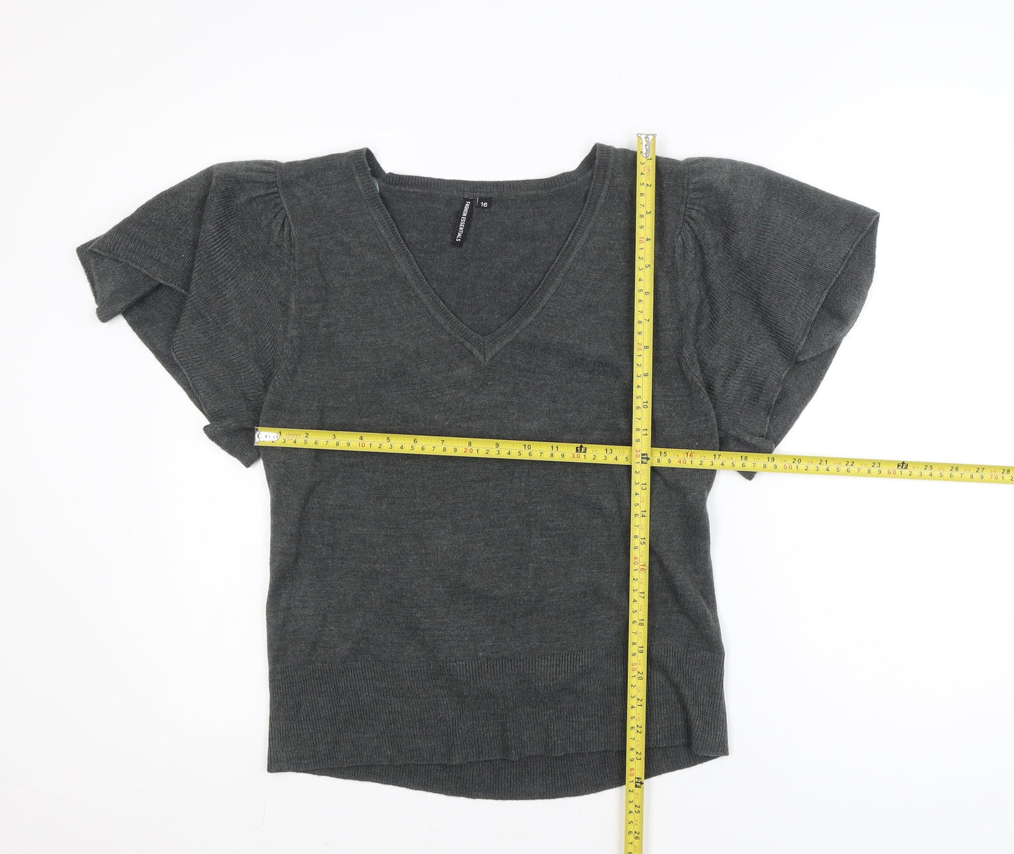 Fashion Essentials Womens Grey Knit V-Neck Short Sleeve Blouse Size 16
