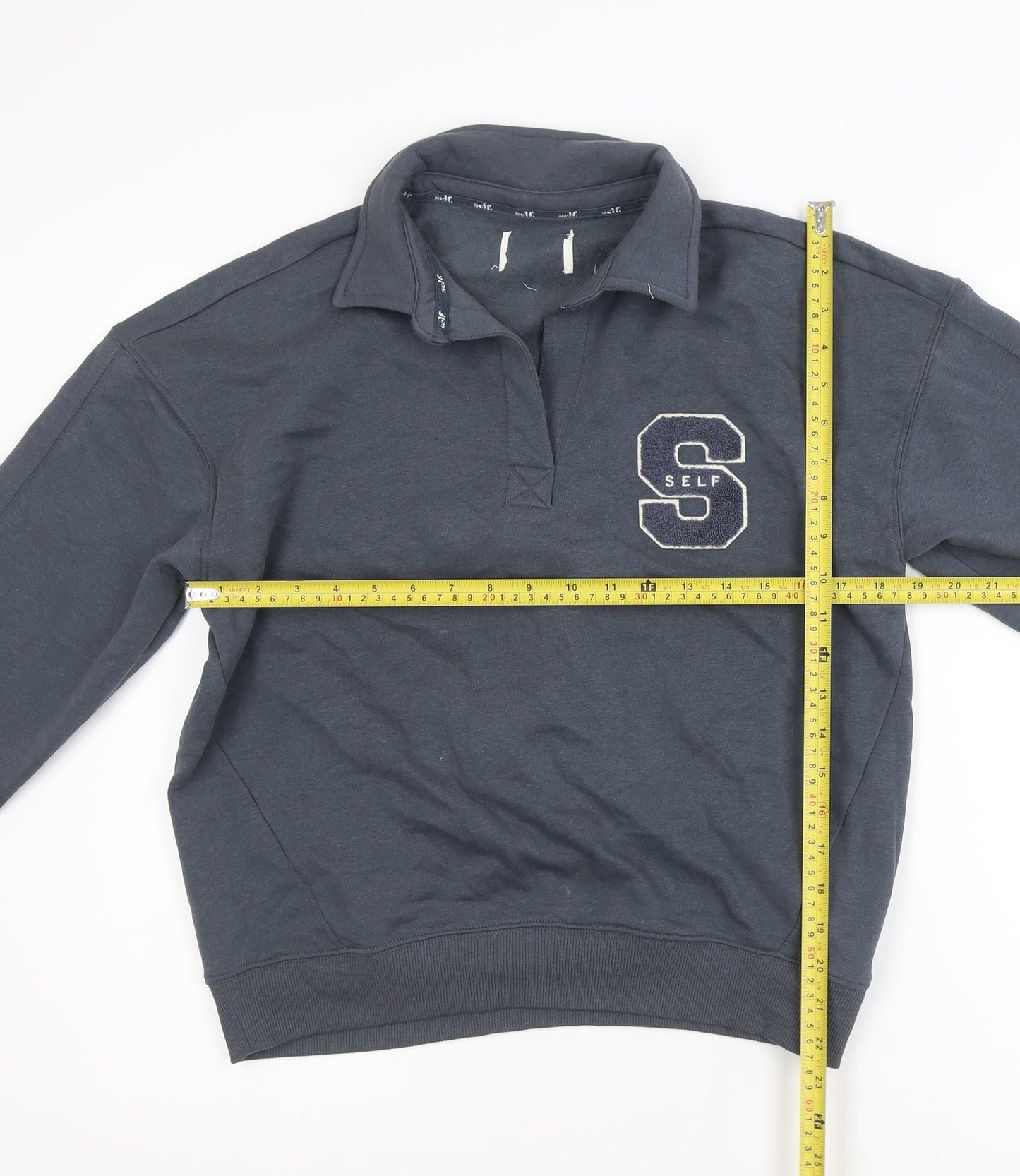 Self Men's Blue Collared Henley Sweatshirt XS Embroidered College Style