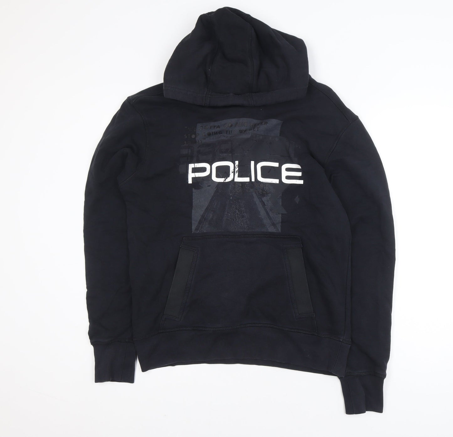 Police Men's Black Cotton Pullover Hoodie Size M with Logo Print