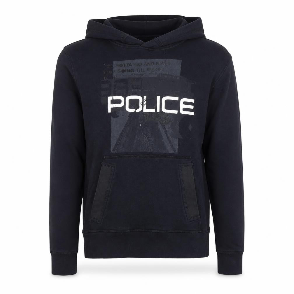 Police Men's Black Cotton Pullover Hoodie Size M with Logo Print