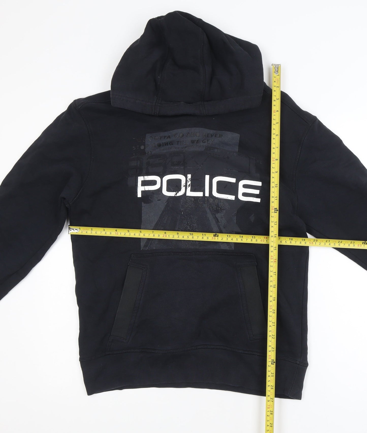 Police Men's Black Cotton Pullover Hoodie Size M with Logo Print