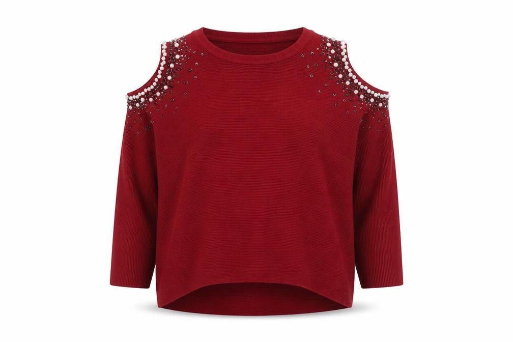 MOËWY Women's Red Cold Shoulder Beaded Knit Jumper One Size