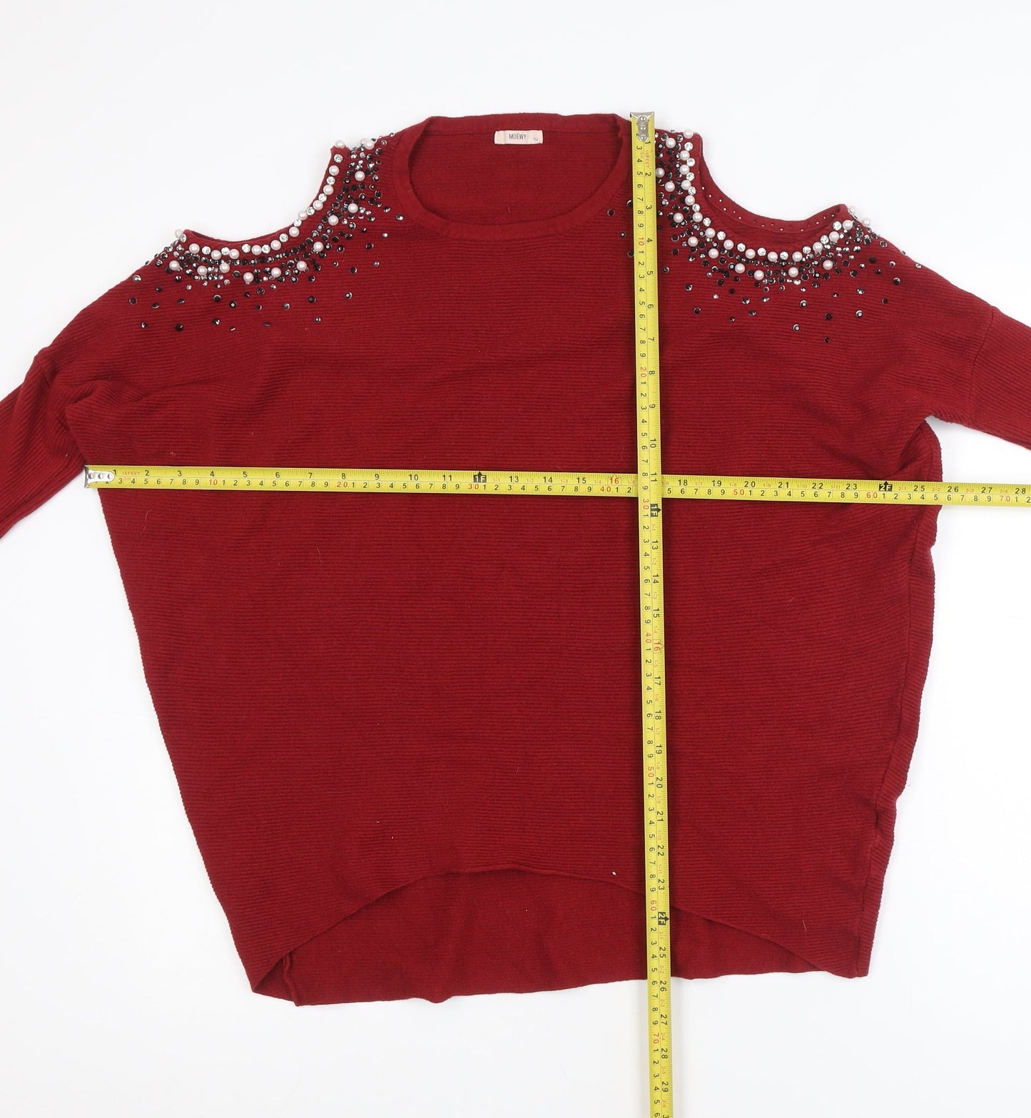 MOËWY Women's Red Cold Shoulder Beaded Knit Jumper One Size
