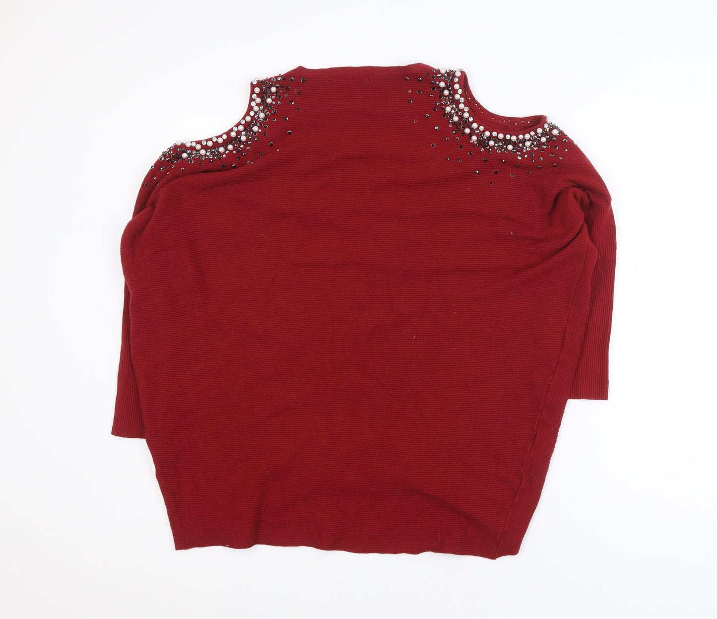 MOËWY Women's Red Cold Shoulder Beaded Knit Jumper One Size