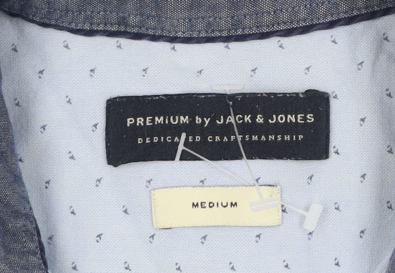 Jack & Jones Men's Blue Geometric Cotton Long Sleeve Shirt M