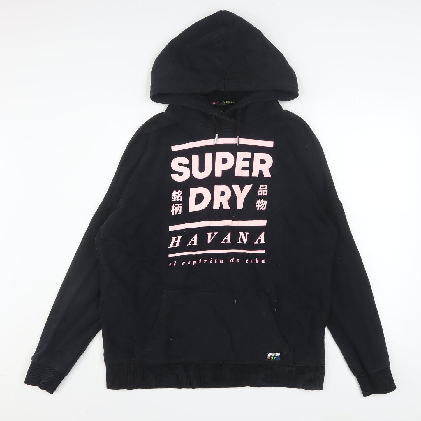 Superdry Women Black Pink Havana Hoodie UK 10 Graphic Cotton Blend