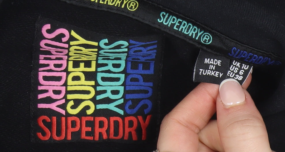 Superdry Women Black Pink Havana Hoodie UK 10 Graphic Cotton Blend
