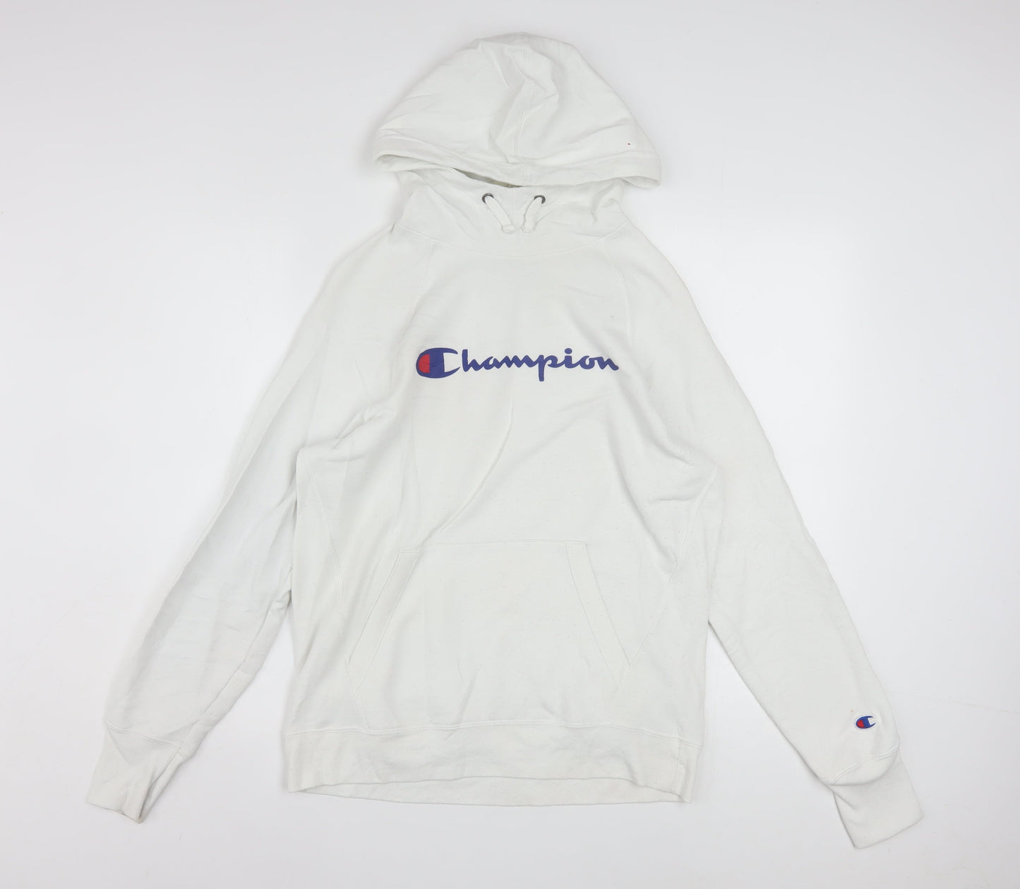 Champion Men's White Hoodie Pullover Medium Logo Print Cotton Blend