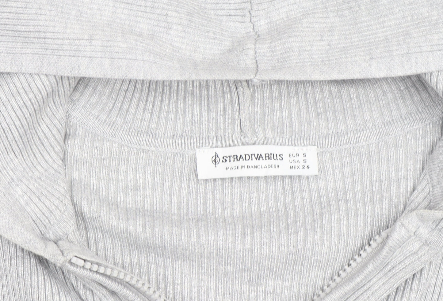 Stradivarius Women's Grey Full Zip Hooded Ribbed Jumper Size 8
