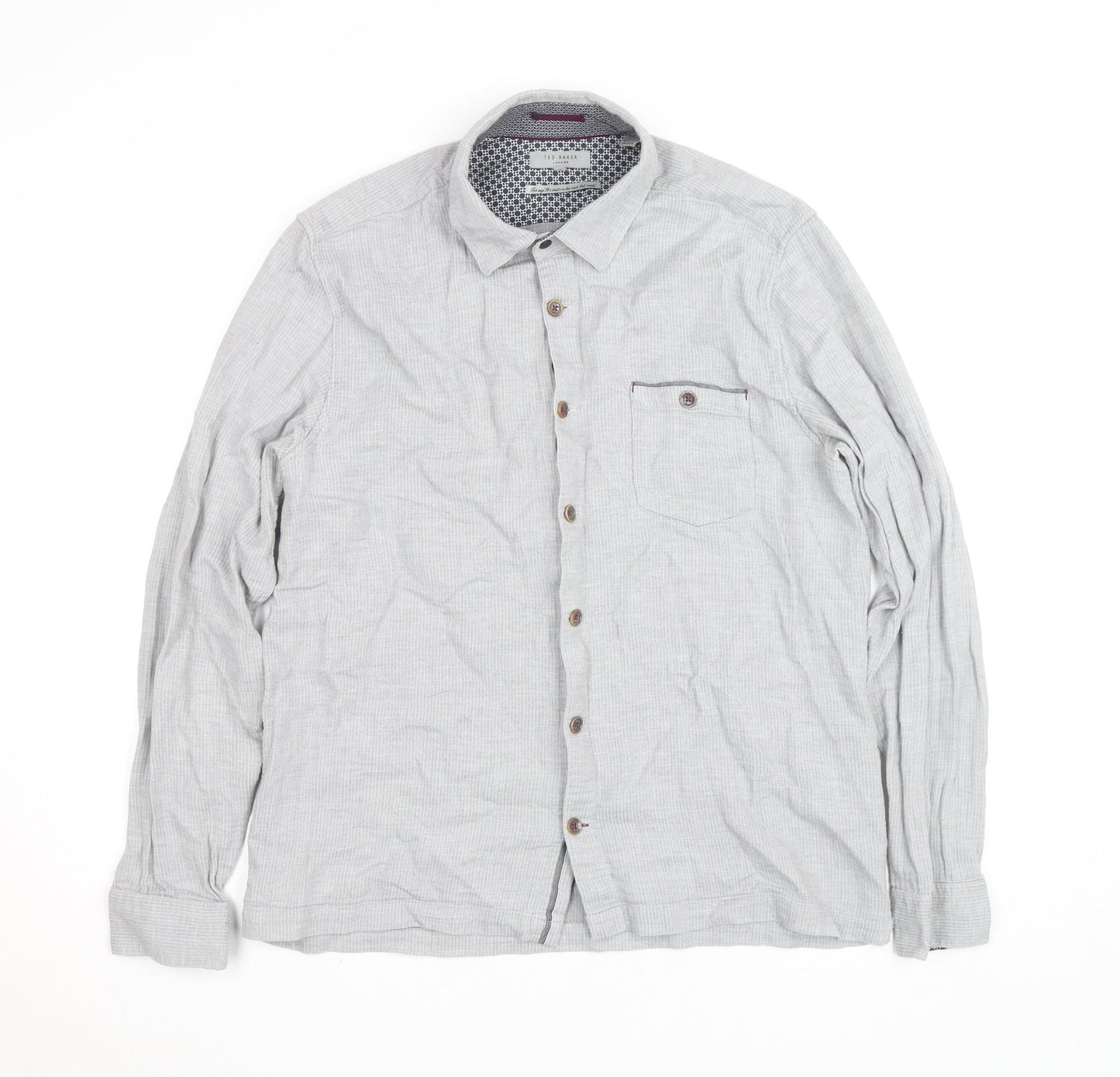 Ted Baker Men's Grey Herringbone Cotton Long Sleeve Button-Up Shirt Size M