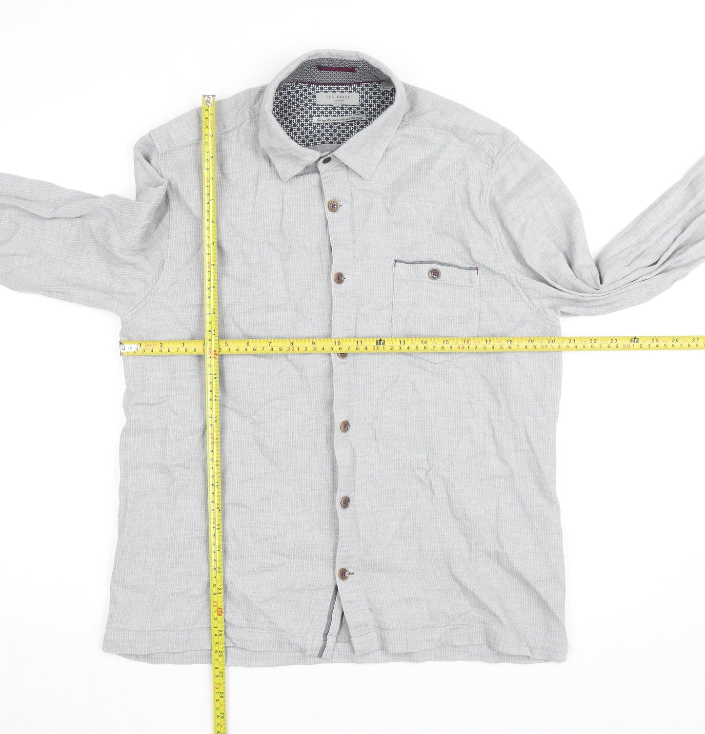 Ted Baker Men's Grey Herringbone Cotton Long Sleeve Button-Up Shirt Size M