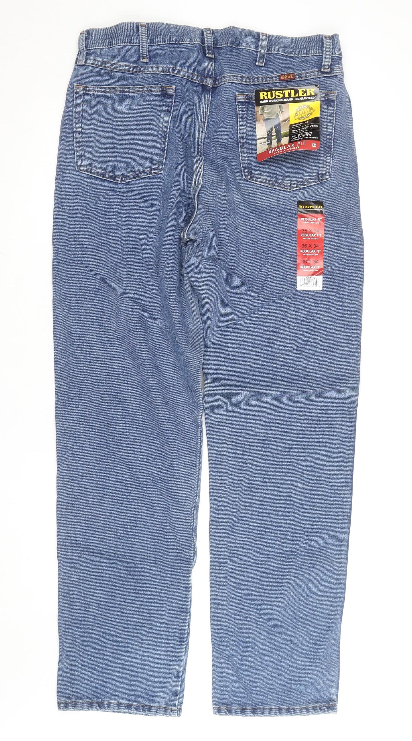 Rustler Men's Blue Regular Fit Straight Leg 36x34 Denim Jeans