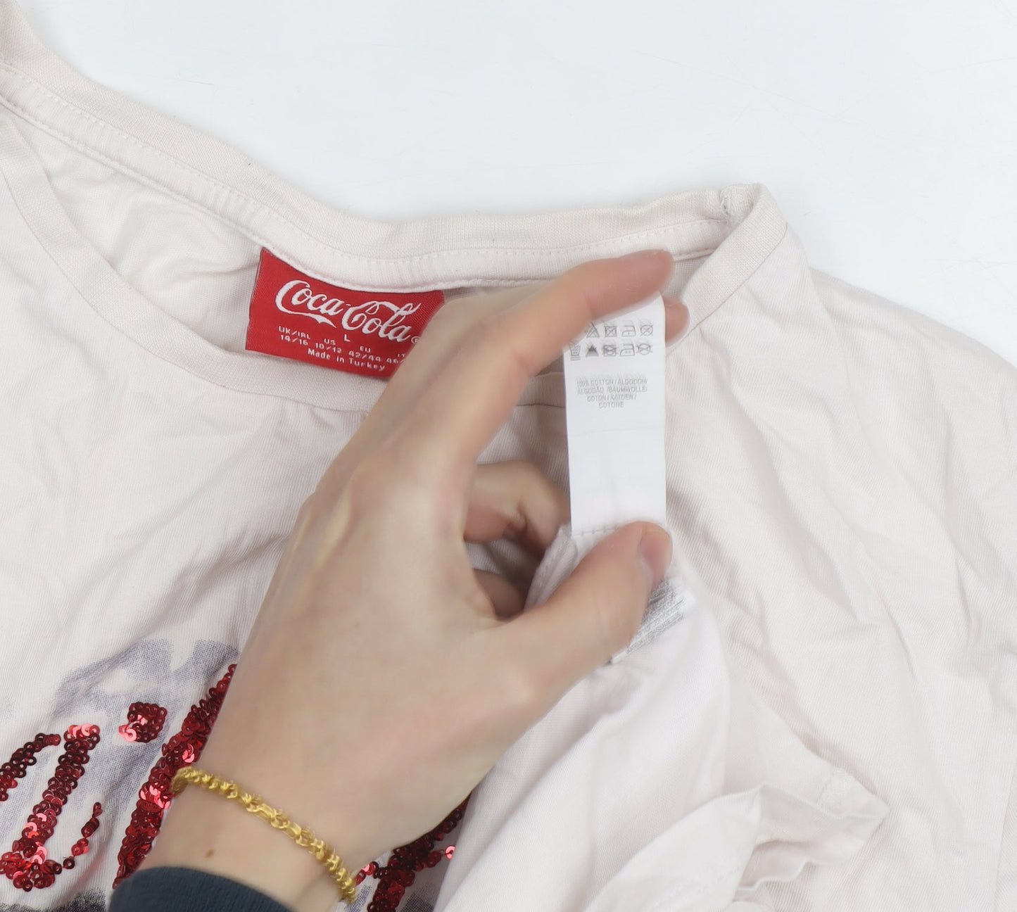 Coca-Cola Women's White Sequin Christmas T-Shirt Size L