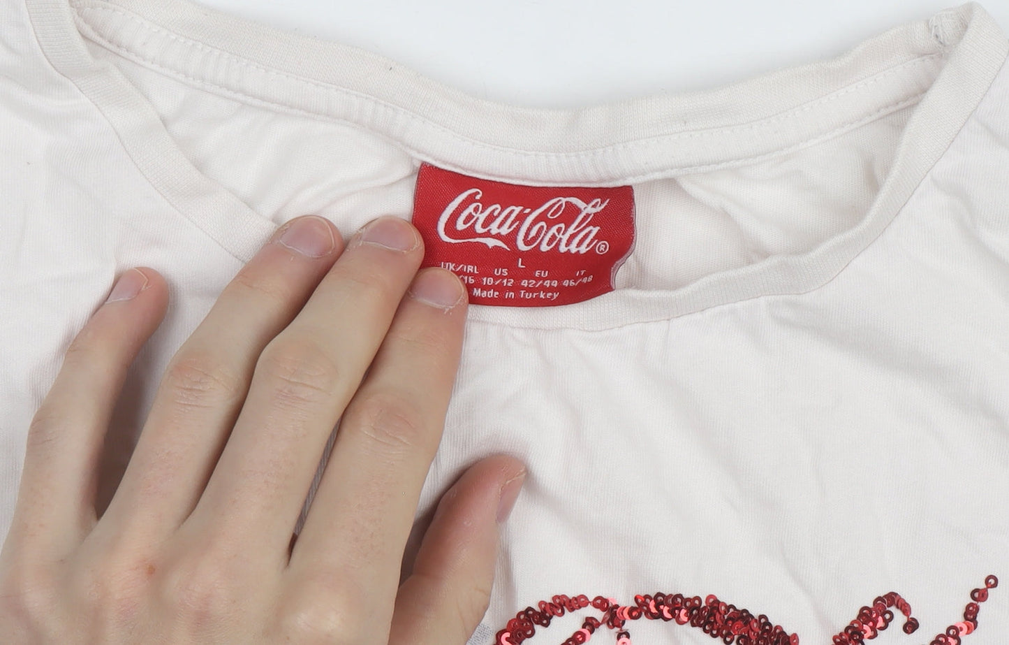 Coca-Cola Women's White Sequin Christmas T-Shirt Size L