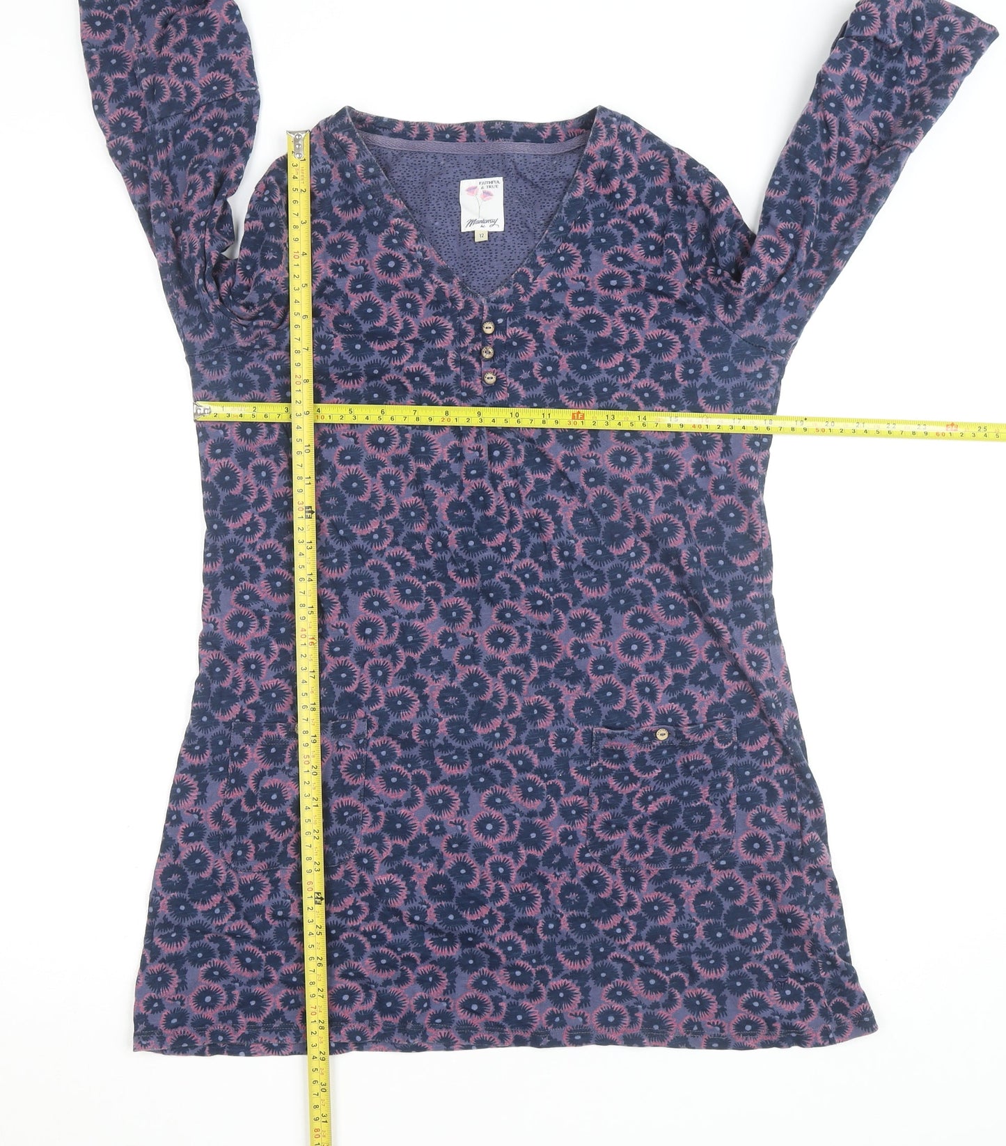 Manteray Women Blue Floral Tunic Top Size 12 V-Neck 3/4 Sleeve