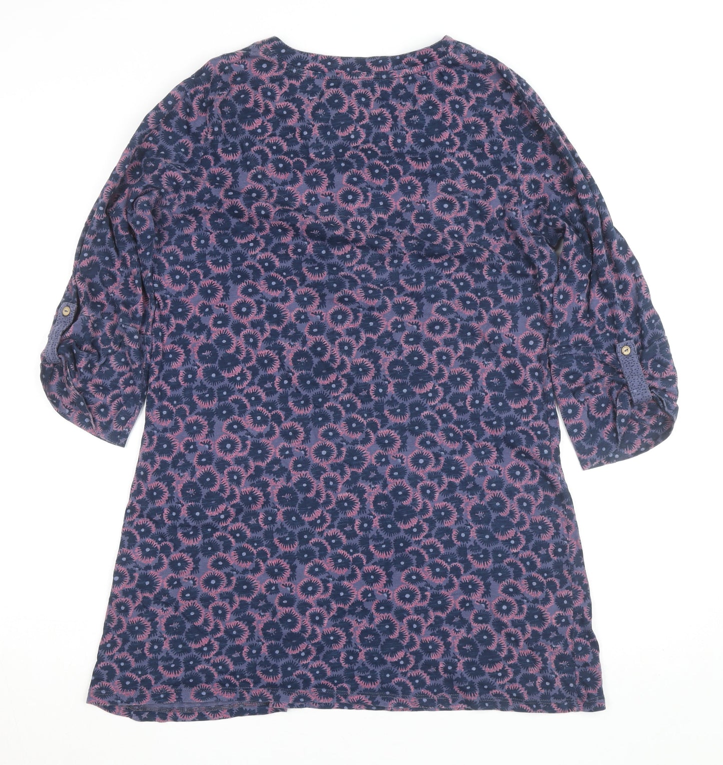 Manteray Women Blue Floral Tunic Top Size 12 V-Neck 3/4 Sleeve