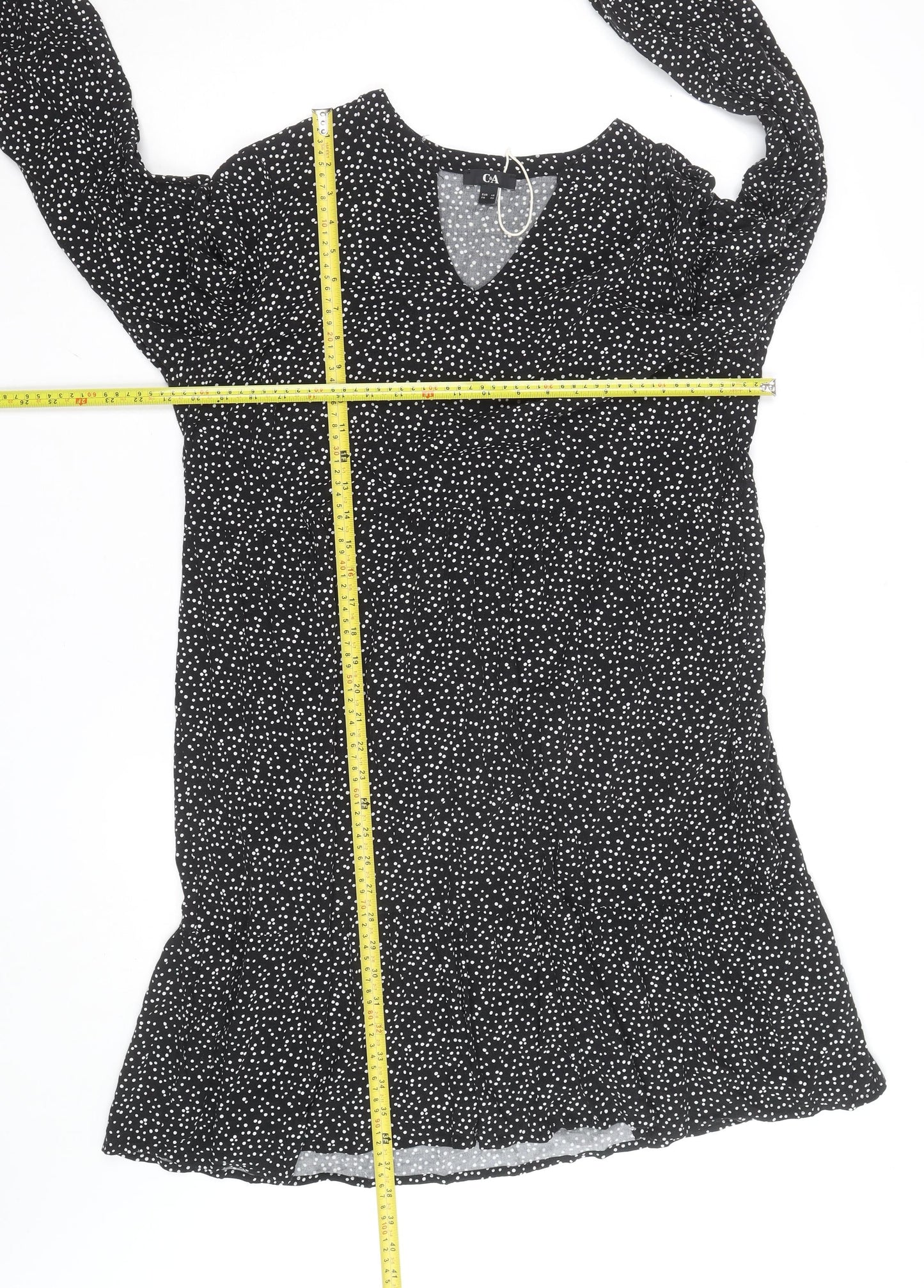 C&A Women Black Polka Dot V-Neck A-Line Dress Size 20