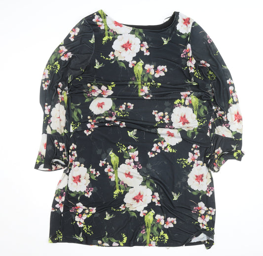 Wallis Womens Black Floral Shift Dress Size 16 Knee Length 3/4 Sleeve
