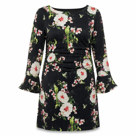 Wallis Womens Black Floral Shift Dress Size 16 Knee Length 3/4 Sleeve