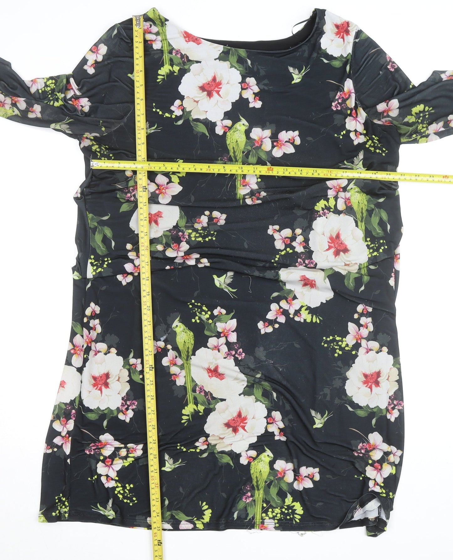 Wallis Womens Black Floral Shift Dress Size 16 Knee Length 3/4 Sleeve
