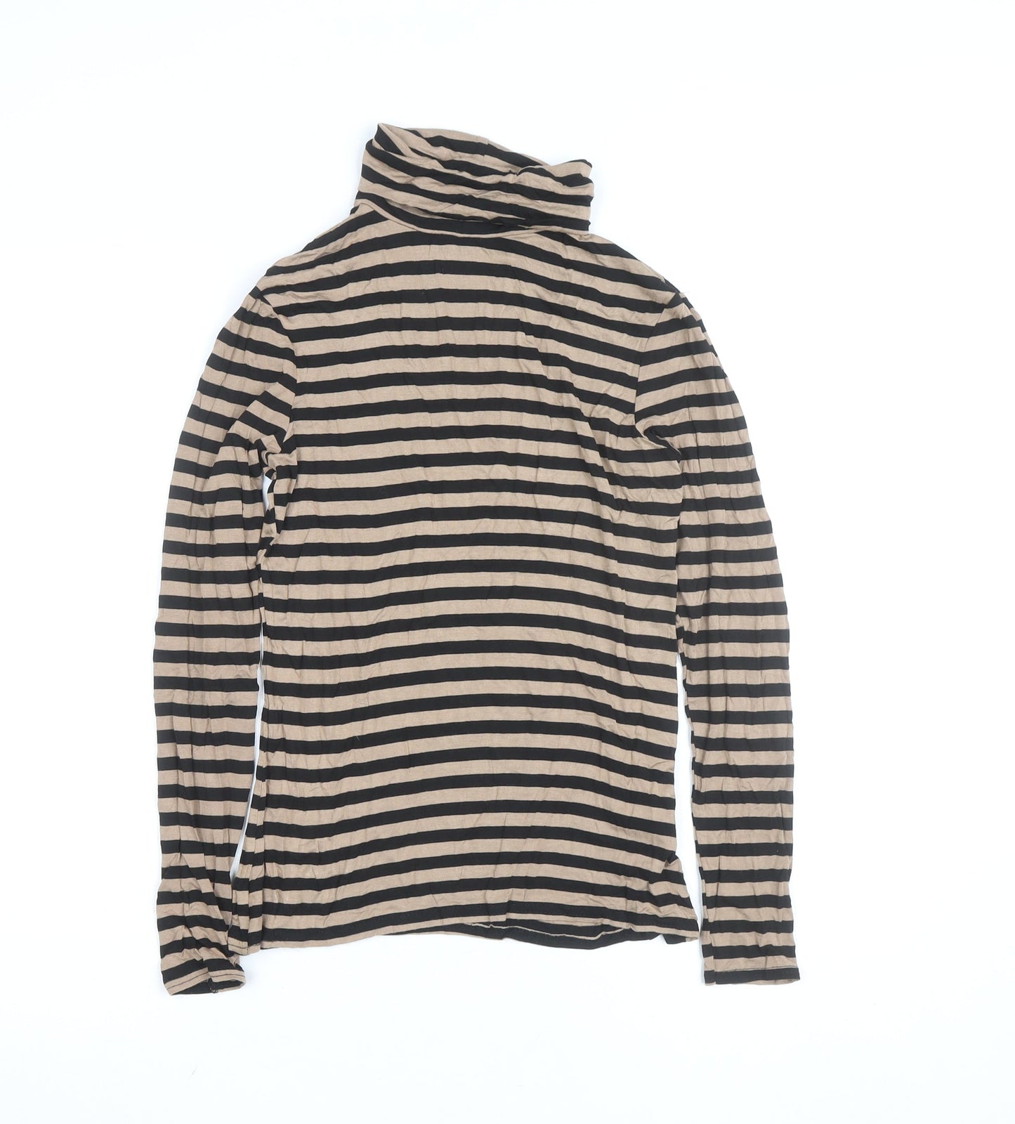 New Look Women Beige Black Striped Roll Neck Long Sleeve Top Size 10