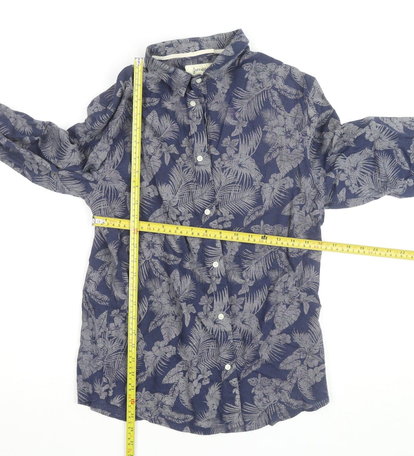 Stradivarius Men’s Blue Floral Cotton Linen Long Sleeve Button-Up Shirt Size M