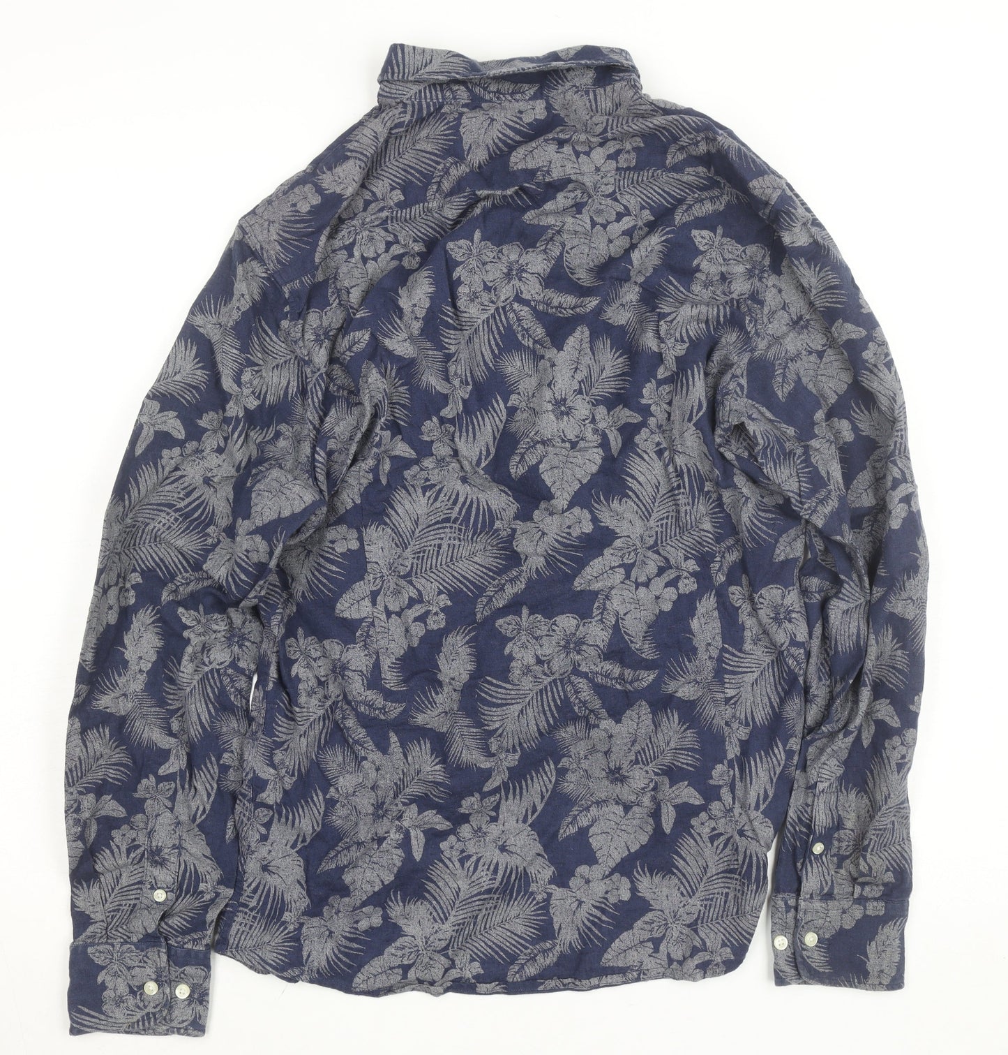 Stradivarius Men’s Blue Floral Cotton Linen Long Sleeve Button-Up Shirt Size M