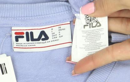 Brand and care label for Fila Women’s Lilac Cotton Blend Crew Neck Pullover Sweatshirt, size S