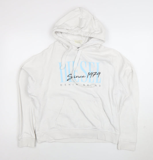 Diesel Men's White Hoodie Medium Pullover Graphic Logo Cotton