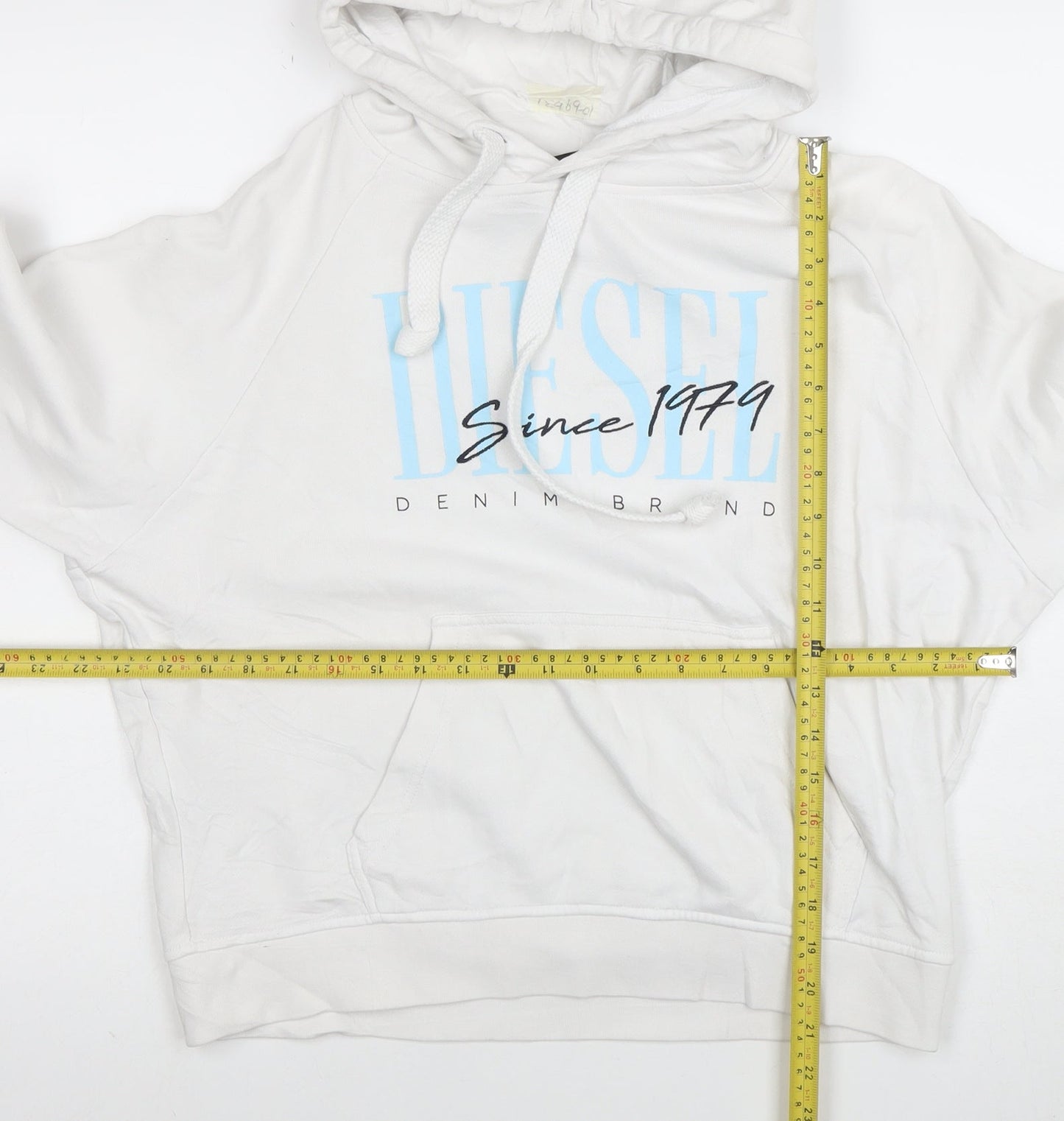 Diesel Men's White Hoodie Medium Pullover Graphic Logo Cotton