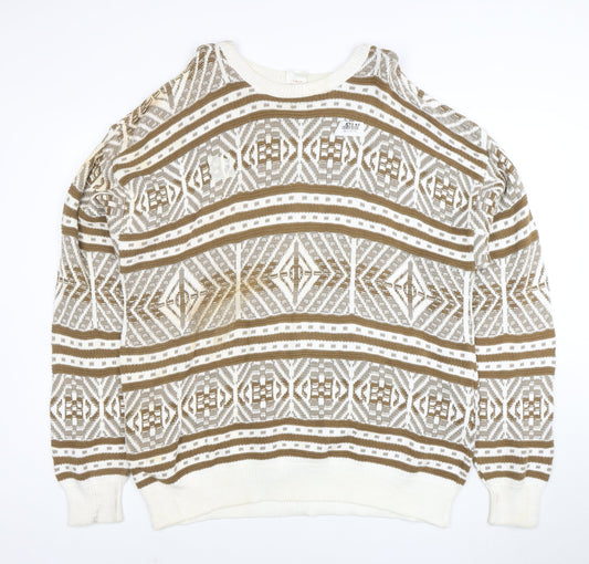 Revere Men’s Beige Geometric Cotton Knit Jumper XL Vintage Pullover