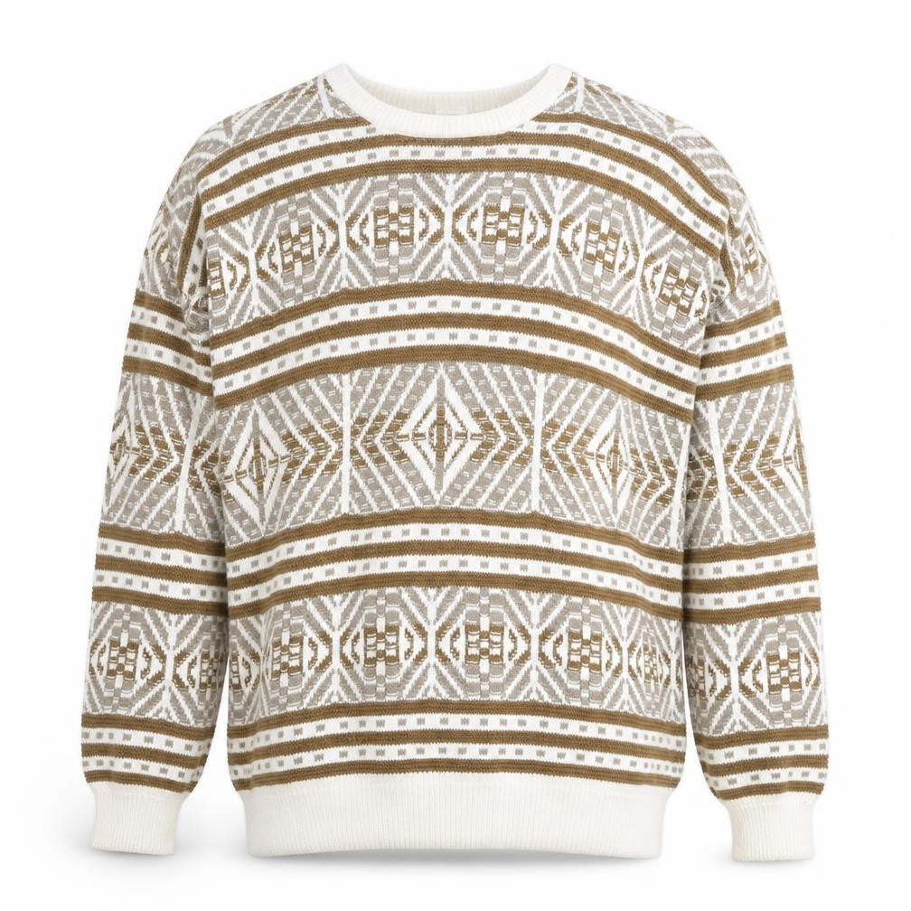 Revere Men’s Beige Geometric Cotton Knit Jumper XL Vintage Pullover
