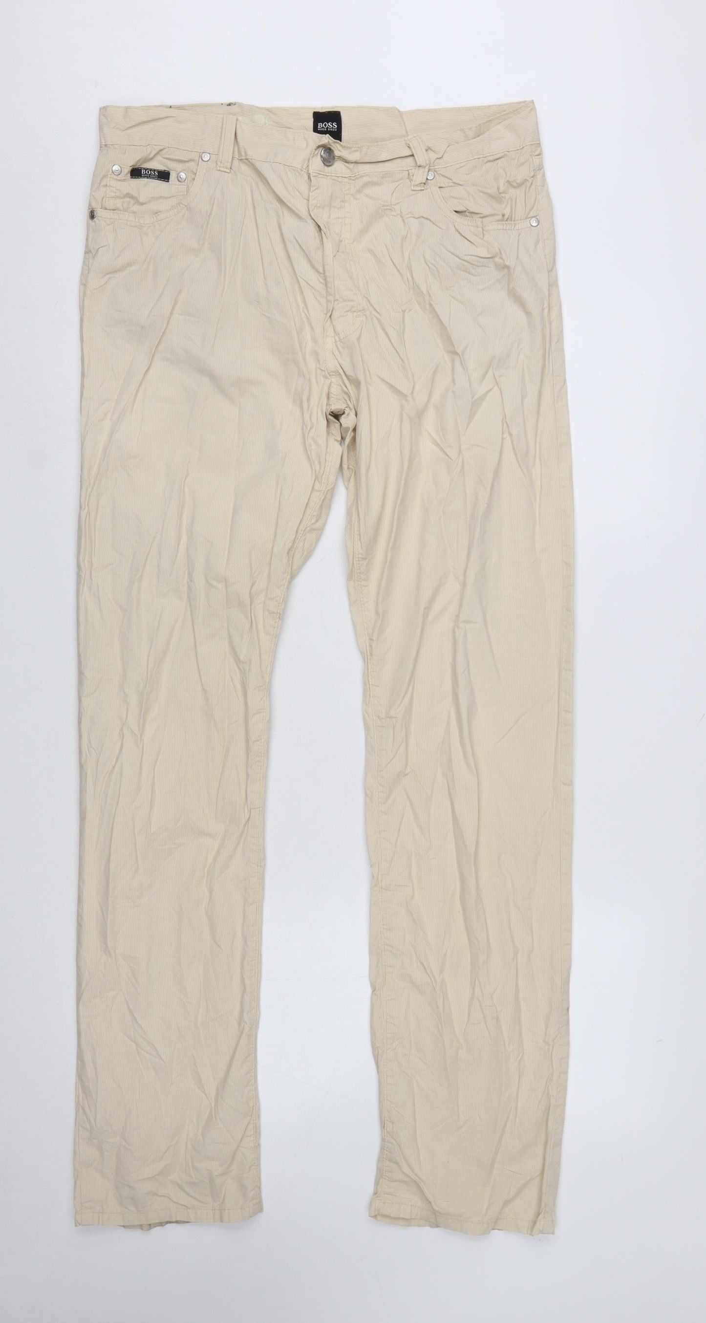 Hugo Boss Men's Beige Striped Poplin Chino Trousers W36 L34