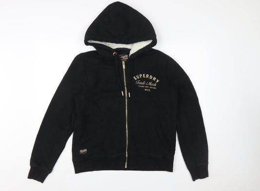 Superdry Women's Black Full Zip Hoodie UK 12 Lined Logo Casual