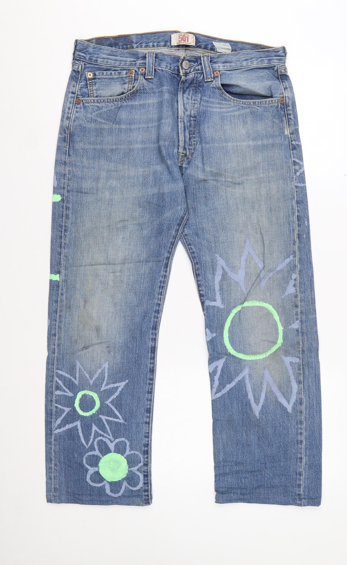 Levi's 501 Women's Blue Floral Painted Straight Denim Jeans W32 L30
