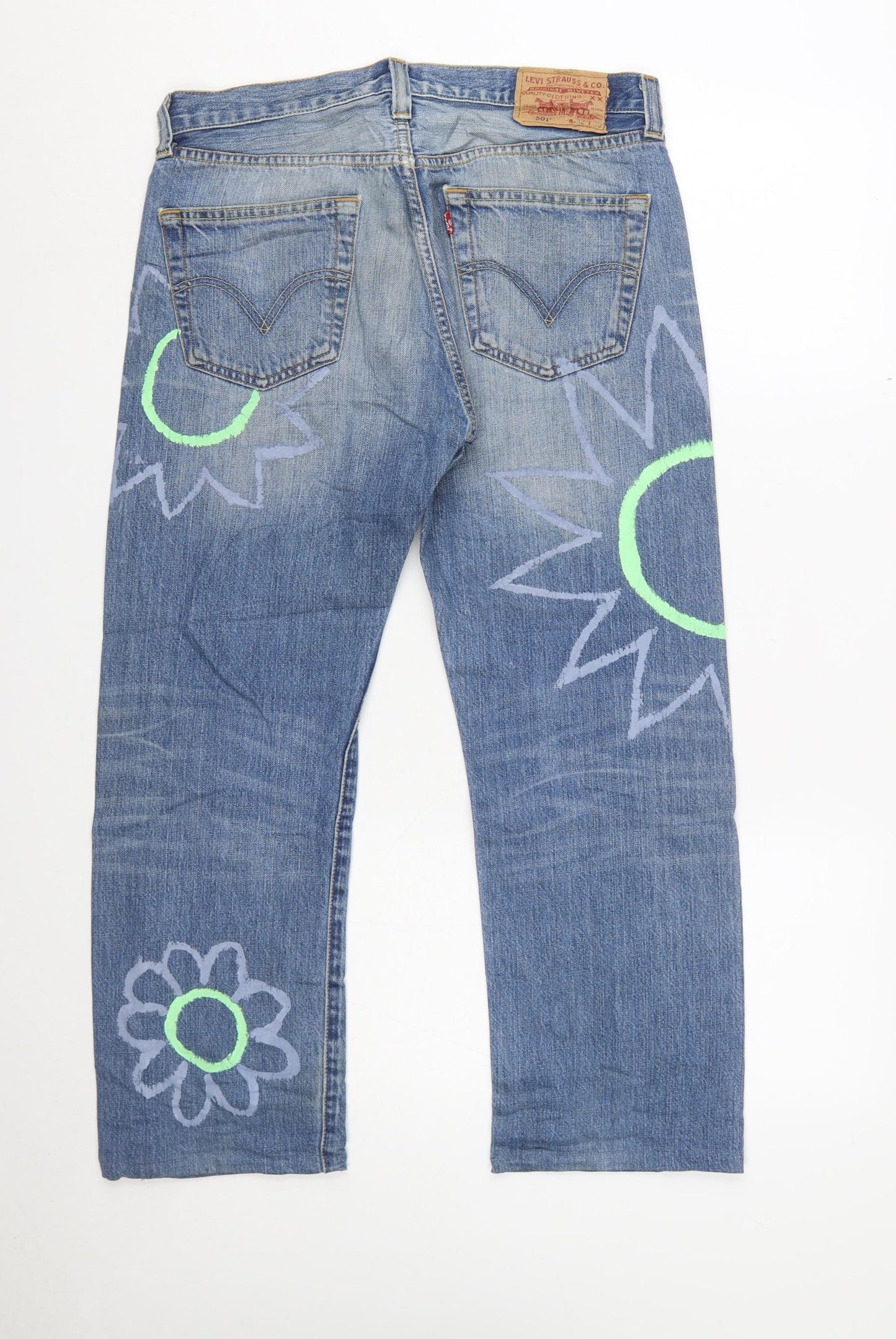 Levi's 501 Women's Blue Floral Painted Straight Denim Jeans W32 L30