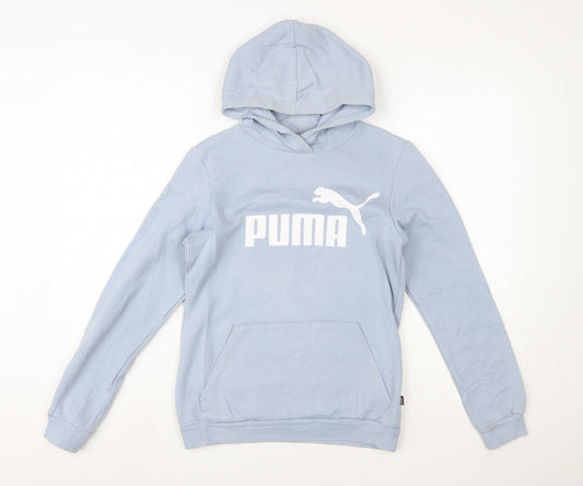 Puma Girls Blue Pullover Hoodie 13-14 Years Logo Print Cotton Blend