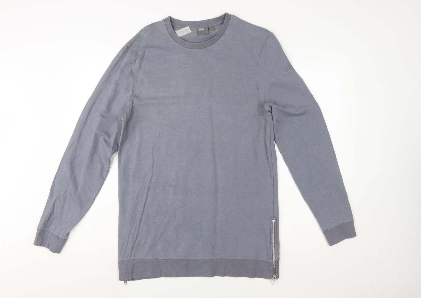 ASOS Womens Grey Long Sleeve Pullover Sweatshirt L Zip Detail Cotton Blend