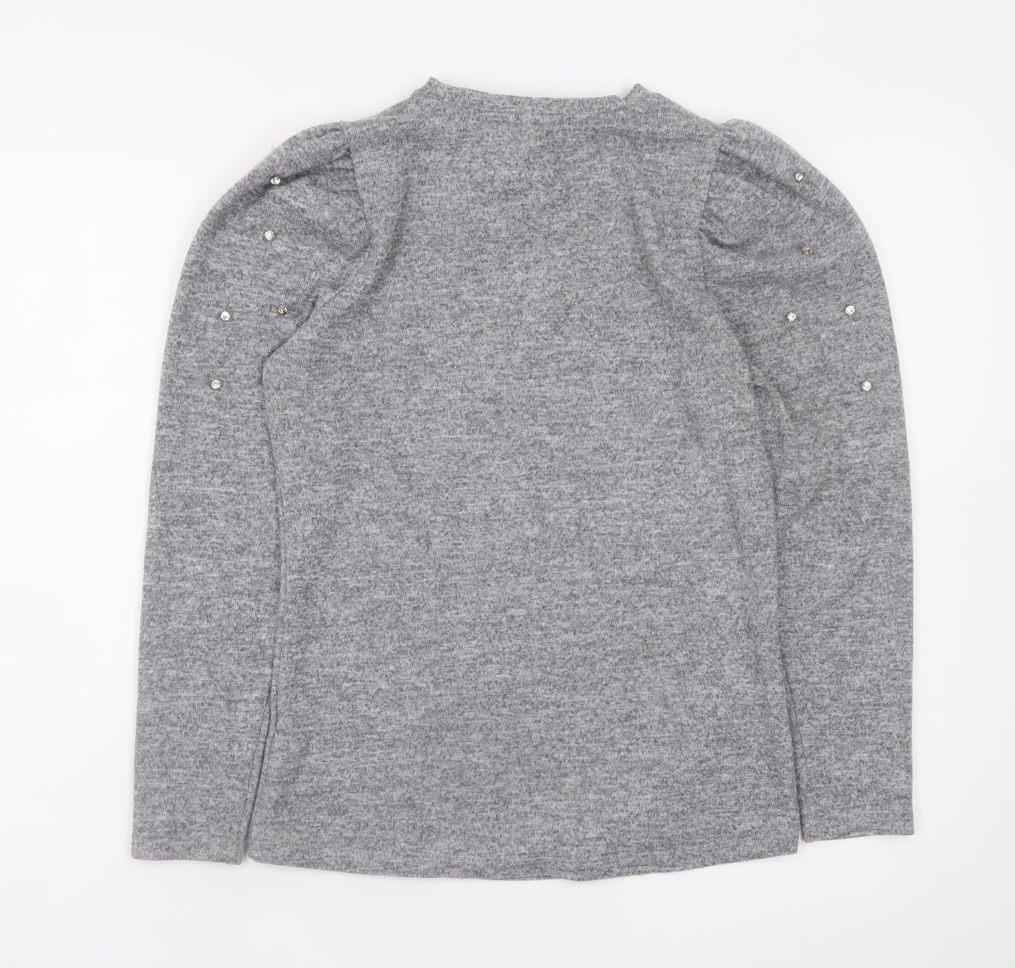 Savida Womens Grey XS Beaded Puff Sleeve Crew Neck Knit Jumper
