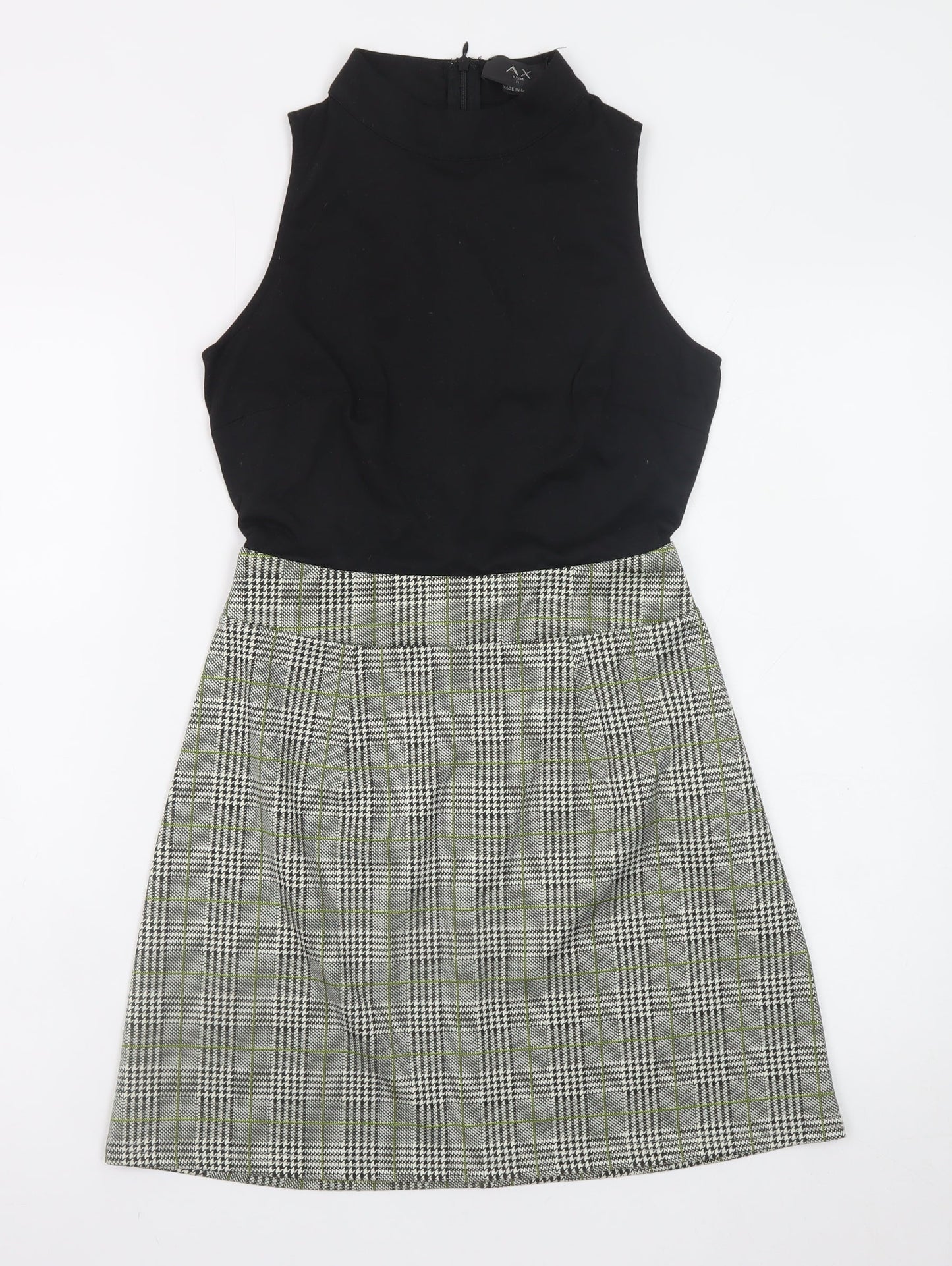 AX Paris Women Black Check Shift Dress Size 8 Sleeveless High Neck