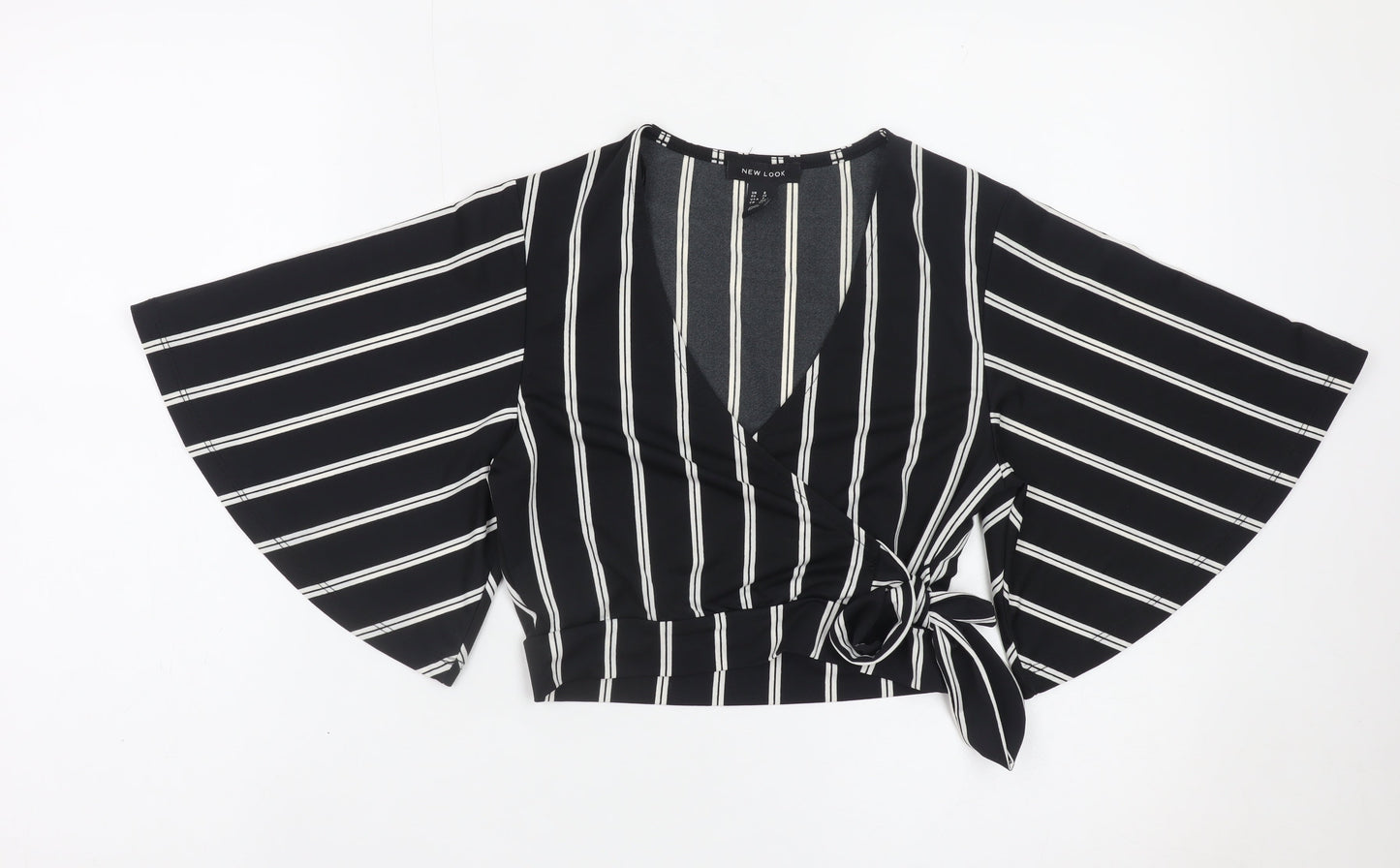 New Look Women's Black Striped Wrap Blouse Size 8 Kimono Sleeve