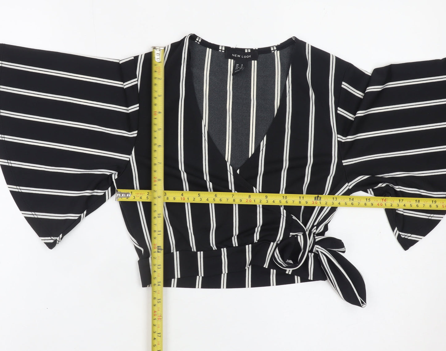 New Look Women's Black Striped Wrap Blouse Size 8 Kimono Sleeve