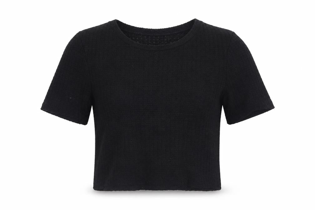 Mango Women's Black Cropped Knit T-Shirt Size S Short Sleeve