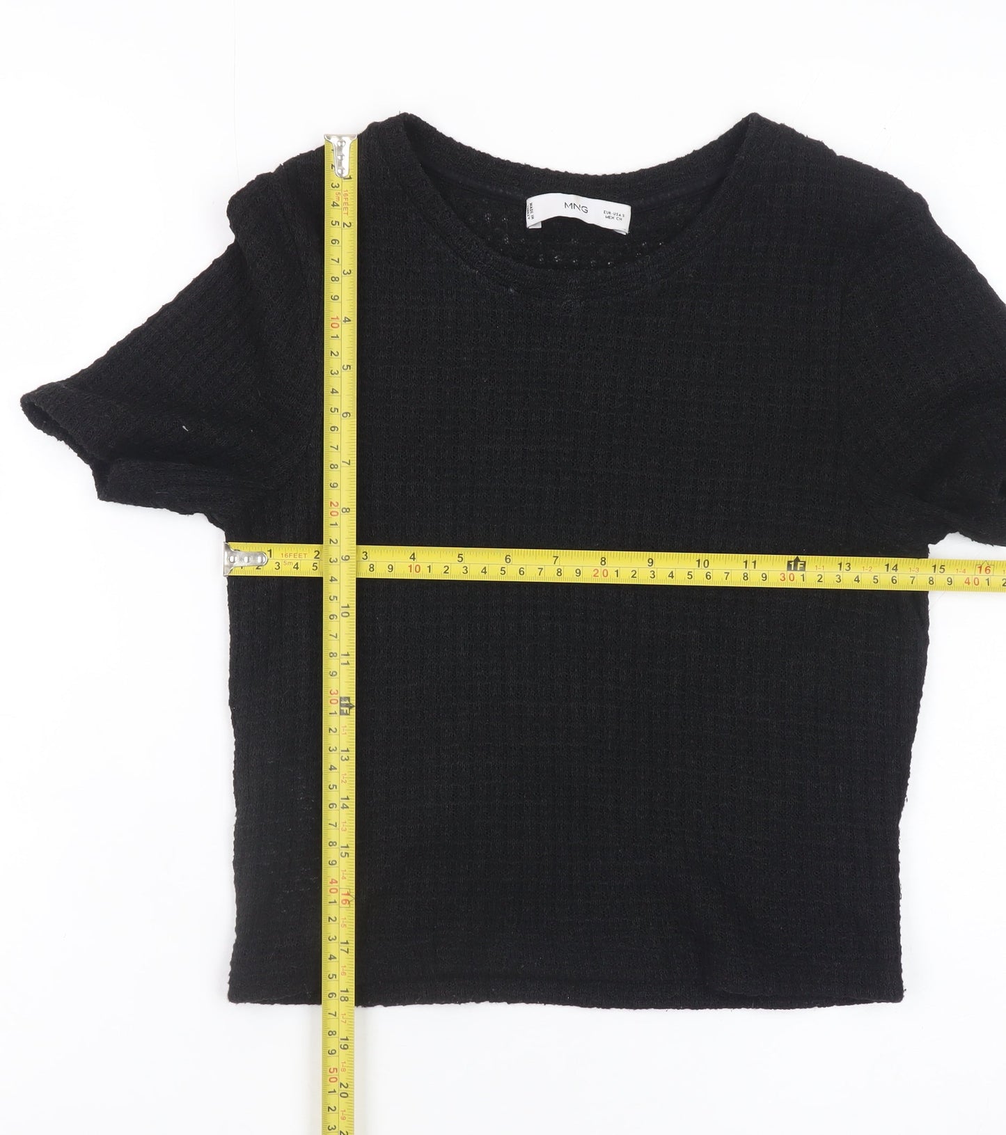 MNG Women's Black Cropped Knit T-Shirt Size S Short Sleeve