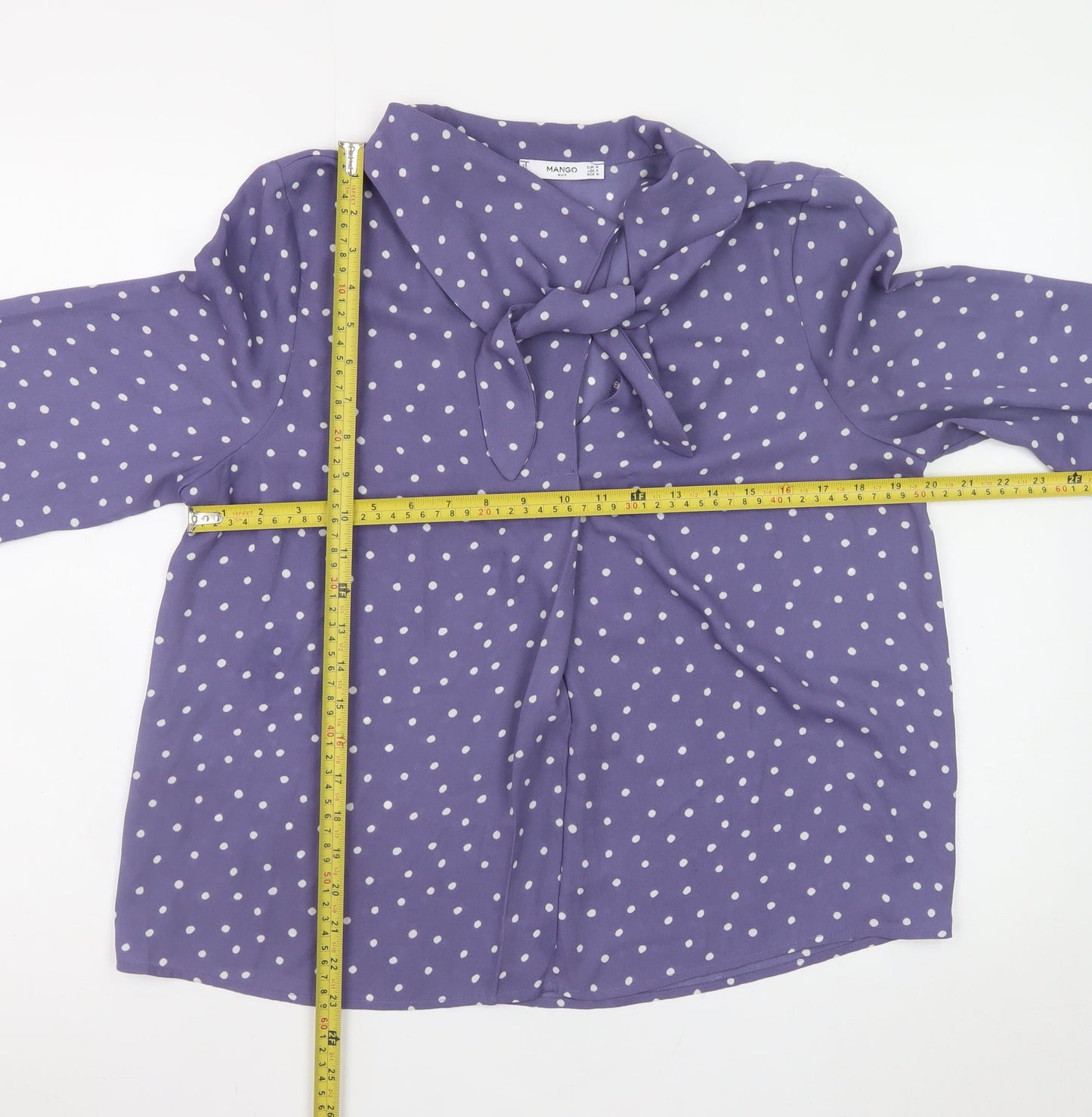 Mango Women’s Purple Polka Dot Bow Neck Long Sleeve Blouse Size 12